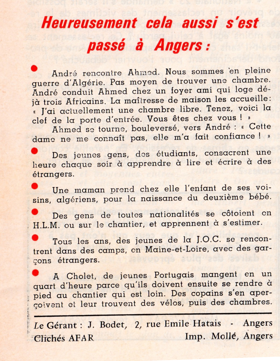 "Rejetés ...ou accueillis", Nationale 23 - Journal chrétien des quartiers d’Angers-Nord - n°10 - 1er mai 1965 