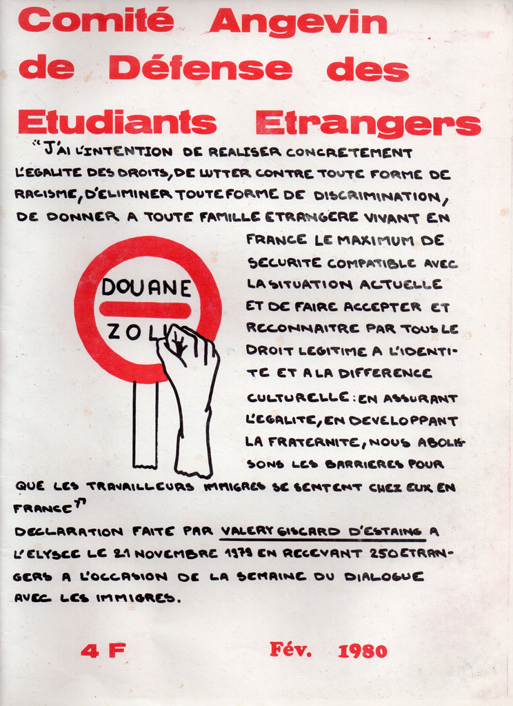 Tract du Comité Angevin de Défense des Etudiants Etrangers - février 1980.